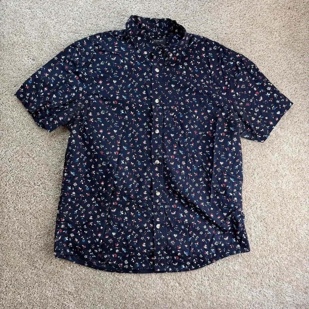 Banana Republic Shirt Mens Large Blue Floral Short Sleeve Button Up Slim Fit